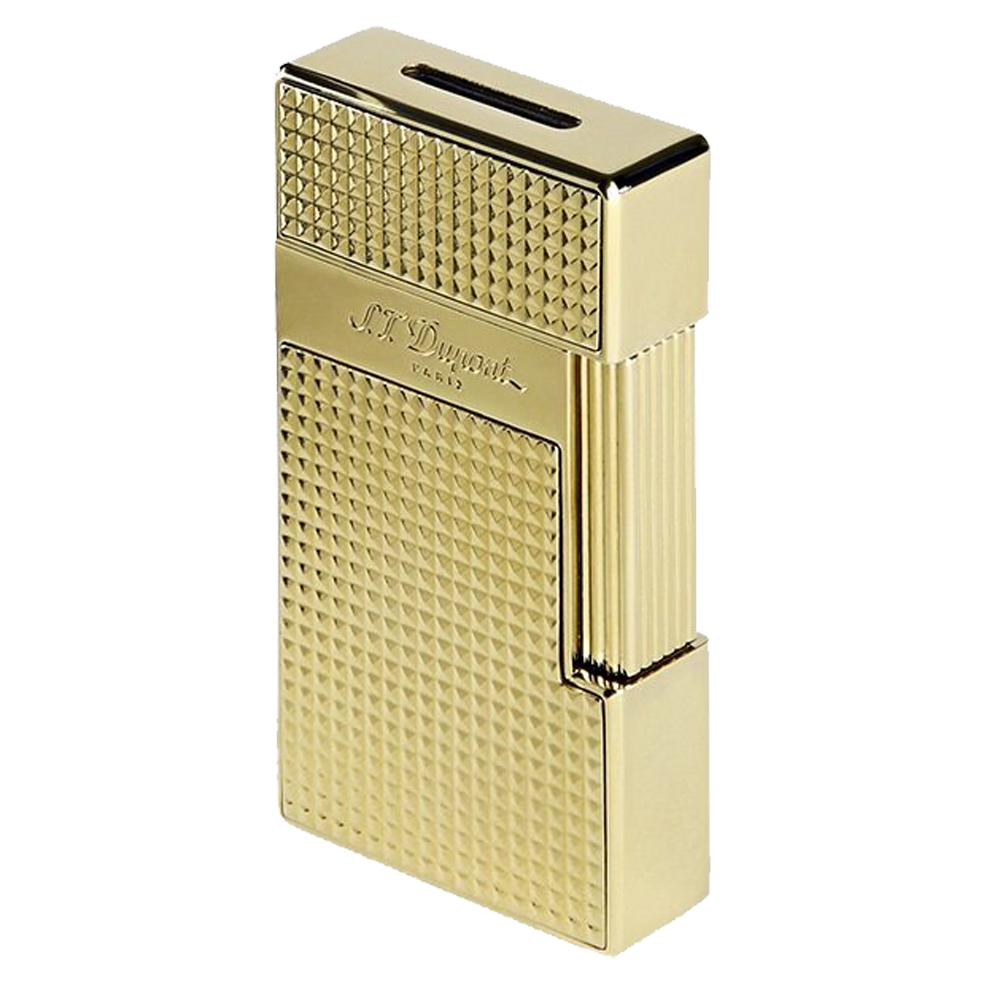 S.T. Dupont Ligne Big D Diamond Head Gold, front view of the powerful luxury lighter 